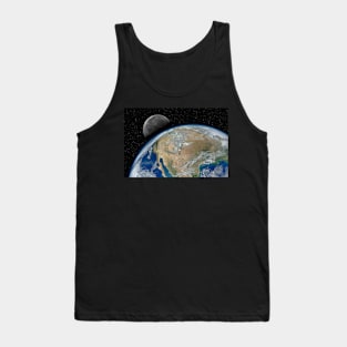 Planet Earth and Moon against dark starry sky Tank Top